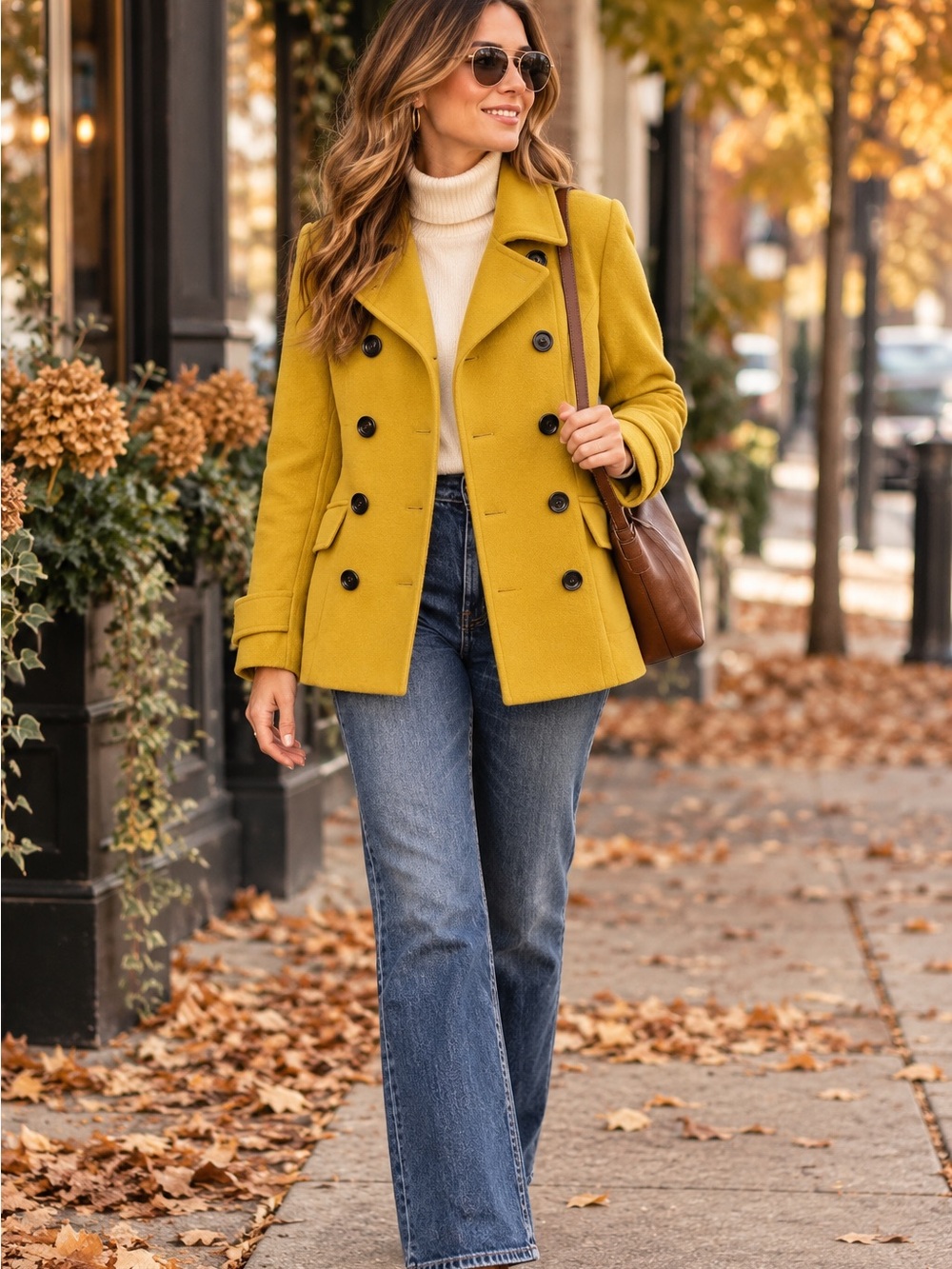 Coldwater Creek Wool Blend Peacoat Mustard Yellow Double Breasted M 10-12